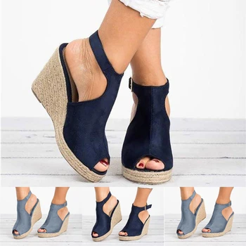 Kadın Sandalet Balık Ağzı Artı Boyutu Kama Topuklu Moda Rahat Toka Süet Yaz Sandalet Yeni Sandalet Sıcak Satış