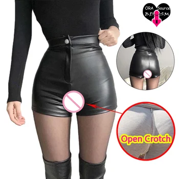 Kadın Seksi Açık Kasık Şort PU Sıska Crotchless Mini pantolon Deri Açık Seks Kostüm Dikişsiz Fermuar Fly Flaş Ganimet Kot