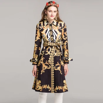 Kadın uzun kollu moda uzun palto yüksek kalite sonbahar / kış 2021 tasarımcı Sashes Baskı Vintage İnce Siper XXL