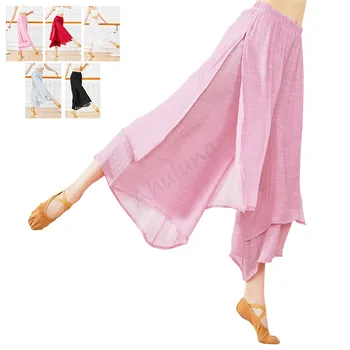 Kadın Çin Halk Dans Klasik Dans Pantolon Gevşek 2 Katmanlar Geniş Bacak Pantolon Peri Vücut Kafiye Giyim Yan Bölünmüş D089