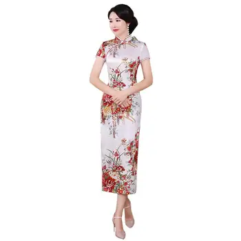 Kadın Çin Kısa Kollu Çiçek Baskı Brokar Cheongsam Ziyafet Midi Elbise Geleneksel Çin Giyim