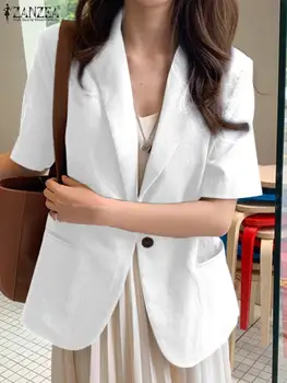 Kadınlar Zarif Kısa Kollu Hırka Rahat Ofis Pamuk Beyaz Ceketler Büyük Boy 2022 Moda Katı İnce Dış Giyim Yaz Blazer