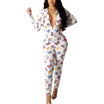 Kelebek Baskı Kadın Bodycon Bodysuit Tulum Sonbahar Uzun Kollu Kılıf Tulumlar Moda Kadın Pijama Pijama 2020 Yeni