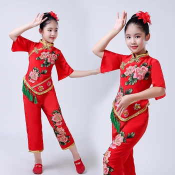Klasik Nakış Yangko Dans Elbise Çocuk Dansçı Kostüm Seksi Çin Dans Elbise Üst + Pantolon Ulusal Kostüm Sahne