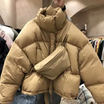 Kore Gevşek Moda Kısa Omuz uzun kaban Göğüs Çantası ile, Bayanlar Kış Yüksek boyunlu Kalın Sıcak Ekmek Ceket Ördek Aşağı Ceket