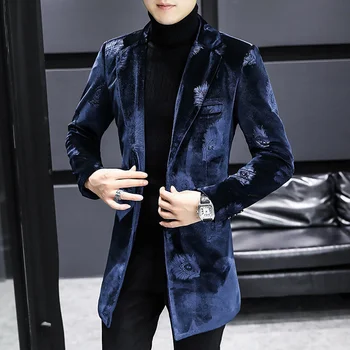 Kraliyet Mavi Baskı Kadife sıcak tutan kaban Tasarımcı Erkekler Kış Yün Karışımları Ceket Erkekler Trendy Slim Fit Uzun Kış Ceket Ve Ceket Erkekler İçin