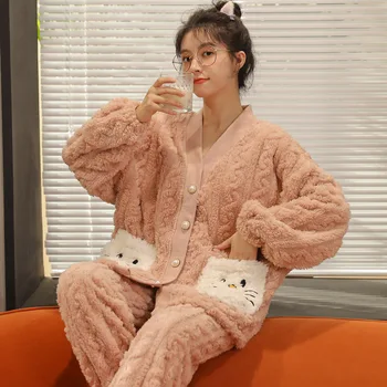 Kış Flanel Hırka Düğmeleri Kadın Pijama Set Kalın Sıcak Ev Tekstili Sevimli Karikatür Cep kadın Pembe Mercan Polar Pijama