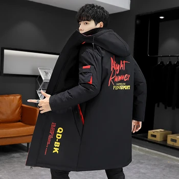 Kış İnce Uzun Trençkot Erkekler Mektup Baskı Tarzı Kapşonlu Palto Siyah Hip Hop Streetwear Sonbahar Kore Erkek Ceket
