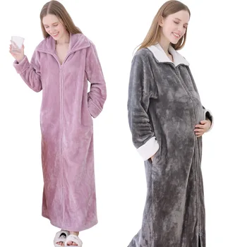 Kış Kalın Mercan Polar Bornoz Sıcak Flanel Banyo Elbiseler Gece Pijama Kadın Elbisesi Fermuar Standı Yaka Gebelik Giyebilir