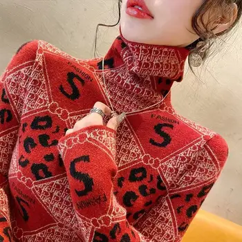 Kış Tüm Maç Mektup Balıkçı Yaka Uzun Kollu Kazaklar kadın kıyafetleri Kore Leopar İnce Tshirt Femme İç Alıştırma Rahat