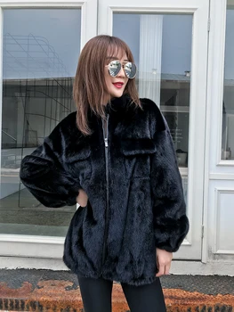 Lautaro Kış Orta uzunlukta Siyah Sahte Vizon Kürk Ceket Kadınlar Fermuar Damla Omuz Uzun Kollu Kabarık Sıcak Yumuşak Faux Kürk Ceket Kadınlar
