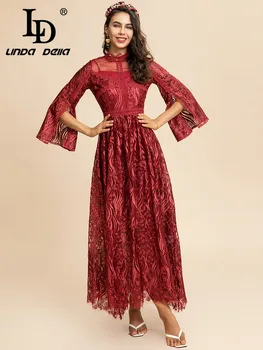 LD LINDA DELLA Moda Tasarımcısı Sonbahar Kış Elbise Kadın Parlama Kollu Yüksek bel Dantel Örgü Seksi Bayanlar Kırmızı Parti uzun elbise