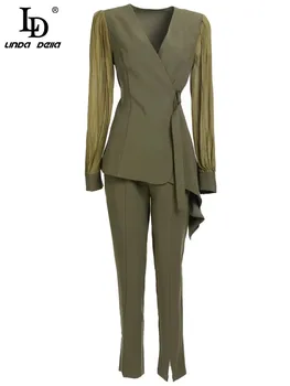 LD LINDA DELLA Moda Tasarımcısı Sonbahar Pantolon Takım Elbise kadın Uzun kollu Sashes Asimetrik İnce Üst ve Pantolon İki Adet Set