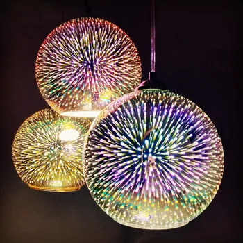 LED Modern kolye ışık 3D havai fişek renkli kaplama cam küre Dekore Bar yemek mutfak lamba asılı flaş aydınlatma armatürü