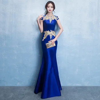 Mavi gelinlik O-Boyun Cheongsam Oryantal Bayan Düğün Kısa Kollu Parti Qipao Zarif Uzun Elbise Elbise Vestido XS-XXXL