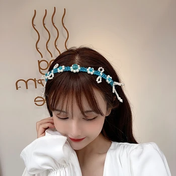 MENGJIQIAO Yeni Kore Zarif Inci Ilmek Hairbands Kadınlar Için Moda Kristal Çiçek Headwrap Parti saç aksesuarları