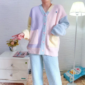 Mercan Kadife Rahat Pijama Seti Kadınlar İçin Sonbahar Kış Tatlı Patchwork Renk Sıcak Pijama Bayan Gecelik Giyim Takım Elbise