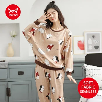 MIIOW Pijama Kadın Kış Karikatür Pamuk Loungewear Setleri Sevimli Rahat Gevşek Uzun Kollu Giysi Ücretsiz Kargo