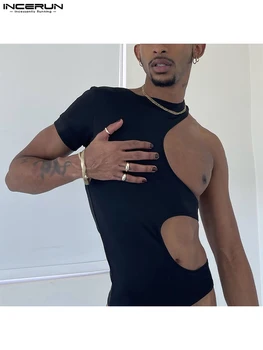 Moda Erkek Düzensiz Bodysuits Pijama O-Boyun Katı Seksi Kısa Kollu Tulum İç Çamaşırı Oymak 2021 Bodysuit INCERUN S-5XL
