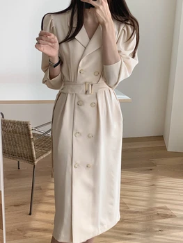 Moda Kore Zarif Rahat Midi Kadın Blazer Elbise Ofis İnce Vintage İş Giysisi Vestidos Femme Resmi Elbise Elbise