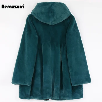 Nerazzurri Sonbahar Kış Pembe Kabarık Yumuşak ışık Faux Kürk Ceket Kadınlar Hood ile Yüksek Bel Kore moda Giyim 2022 6xl 7xl