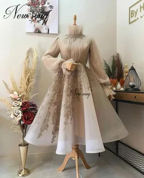 Newsouq Arap Tarzı Uzun Kollu Balo Elbise Müslüman Boncuklu Düğün Törenlerinde Şampanya Dubai Kadınlar Uzun Abiye 2022