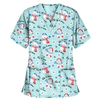 Noel Baskı Fırçalama Üstleri Kadın Kısa Kollu hemşire üniforması V Boyun Bluz Yaz Bakıcı Sağlık Tunik Veterinaria Iş Giysisi A5