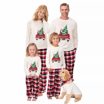 Noel Eşleşen aile pijamaları Kırmızı Ekose Kamyon Noel Ağacı ile Gri Pijama Seti Bebek Pijama