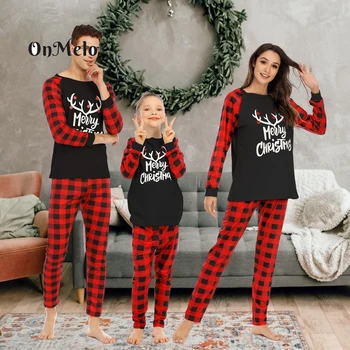 OnMelo Aile Eşleştirme Pijama Set Noel Kostüm seti Mektup Merry Christmas Geyik Yetişkin Çocuk Bebek Tulum Aile Ev Tekstili