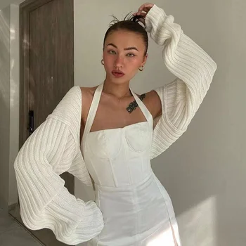 Otoriter Beyaz Kadın Kazak Omuz Silkme Kırpılmış Üst Tam Fener Kollu Triko Kazak Seksi Yaz Yüksek Sokak Dış Giyim 2022 Bahar