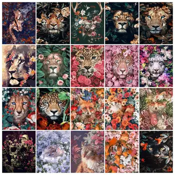 PhotoCustom Çiçek Hayvanlar Akrilik Boya Geyik DIY 60x75 cm Yağlıboya Tuval Üzerine Sayılar Aslanlar Dijital Ev Dekor