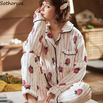 Pijama Setleri Kadınlar Sevimli Sıcak Pijama Tek Göğüslü Kış Sonbahar Pazen Rahat Termal Gevşek Salonu Aşınma Tatlı Mujer Baskı