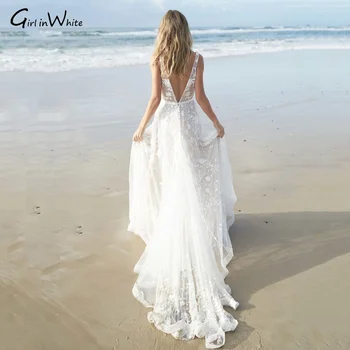 Plaj Boho Dantel düğün elbisesi Aç Geri Seksi V Yaka Bohemian Gelin Elbise Spagetti Sapanlar Beyaz gelin kıyafeti Vestidos De Novia
