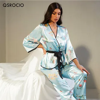 QSROCIO kadın Pijama Seti Vintage Mavi Çiçek Baskı Pijama Ipek Gibi v boyunluk Eğlence Ev Giysileri Gecelik Kıyafeti