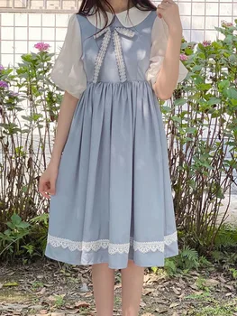 QWEEK Tatlı Kawaii Lolita Elbise Kadın Tiki Tarzı Okul Puf Kollu Elbiseler Sevimli Peter Pan Yaka Öğrenci Kıyafetleri 2022 Yaz