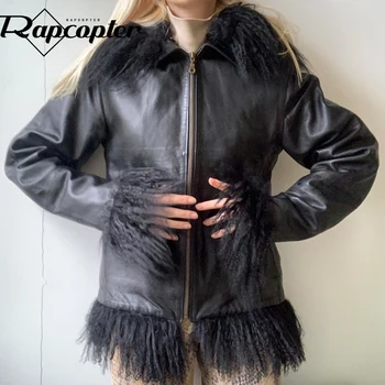 Rapcopter y2k Siyah Deri Ceketler Kürk Tam Kollu Punk Coat Turn Down Yaka Retro Zarif Giyim Kadın Sonbahar Kış Tops