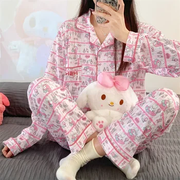 Sanrios Pijama Setleri Kawaii Benim Melodi Bahar Sonbahar Pijama Pamuk Çizgili Karikatür Pijama Kadınlar için Uzun Kollu Loungewear