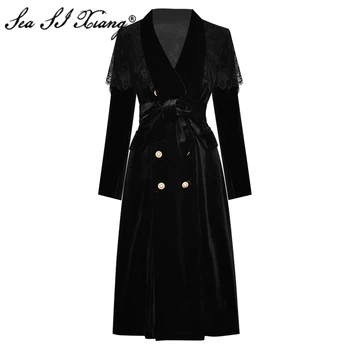 Seasıxıang Moda Tasarımcısı Sonbahar Trençkot kadın Uzun Kollu Kruvaze Dantel Patchwork siyah Kadife Dış Giyim