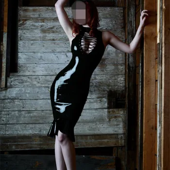 Seksi kadın deri lateks elbise ıslak Bak Clubwear PVC Bodysuit streç Bodycon elbise Catsuit bayanlar moda stil elbise