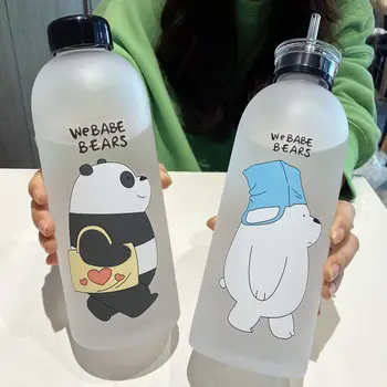 Sevimli Ayı Plastik Buzlu Su Şişeleri 1000ML Saman İle Taşınabilir Büyük Kapasiteli Açık Spor Su Bardağı Çocuk Yetişkin İçin