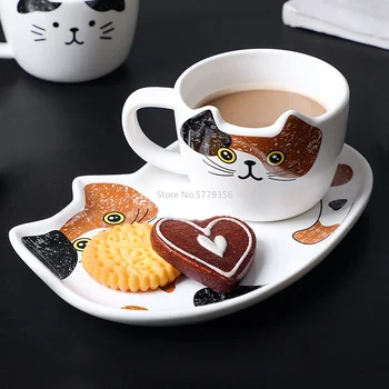Sevimli Kedi Seramik Kahve kupa seti Grip Bölümü Hayvan Kupalar Tepsi ile Yaratıcı Drinkware Kahve çay fincanları Yenilik süt kupası Kahvaltı