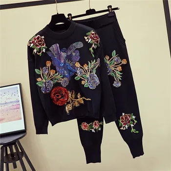 Sonbahar Siyah Örme Seti Kadınlar Manuel Sequins Çiçekler Örgü Kazak kalem pantolon İki Parçalı Kıyafetler Kadın Gevşek günlük giysi 2 adet