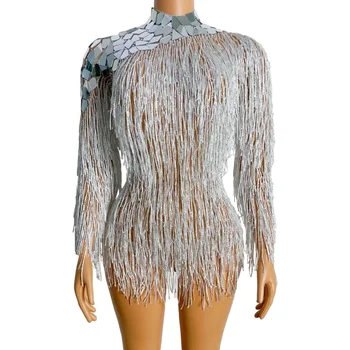 Sparkly Aynalar Saçaklar Bodysuit Doğum Günü Kutlamak Kıyafet Backless dans kostümü Kadın Dansçı Püskül Leotard Gösterisi Sahne Giyim
