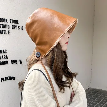 Suni Deri Kova Şapka Kadın Sonbahar Kış Kova Şapka PU Pamuk Düz Üst kadın Moda kova kapağı Panama Balıkçı Kapaklar