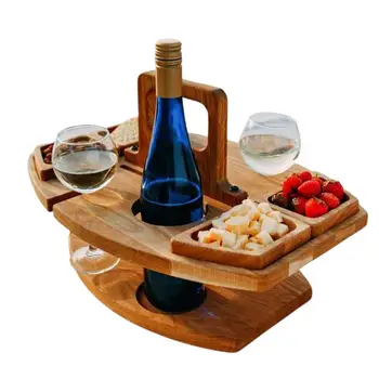 Taşınabilir Şarap Piknik Masası Ahşap Açık Katlanır Piknik Masası Taşınabilir Şarap Masaları Aperatif Ve Peynir Tepsisi 2 şarap bardakları