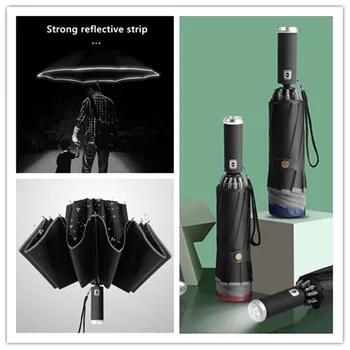 Ters şemsiye arabayı ıslatmaz, yansıtıcı şeritli otomatik şemsiye, ters LED şemsiye, Akademi 10 kaburga 3 kat Y11