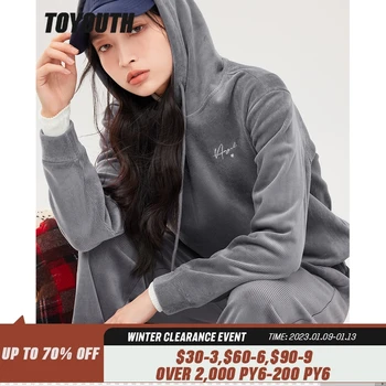Toyouth Kadın Kadife Kapüşonlu Sweatshirt 2022 Kış Uzun Kollu Gevşek Polar Hoodie Gri Sıcak Casual Streetwear Kazak