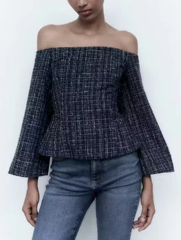 TRAF 2022 Sonbahar Seksi Bayanlar Ekose Üstleri Mont Moda Slash Boyun Kırpılmış Ceketler Vintage Yan Fermuar Uzun Kollu Kadın Gömlek