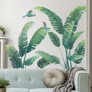 Tropikal Yeşil Bitkiler Kuşlar duvar çıkartmaları Yatak Odası Oturma Odası Kanepe Arka Plan Ev Dekorasyon sanatsal fresk Kendinden Yapışkanlı Duvar Kağıdı