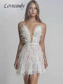 Tüy Derin V Yaka Kaşkorse Elbise Kadınlar Seksi Backless A-Line Katı Mini Elbiseler Kadın Spagetti Kayışı Moda parti giysileri